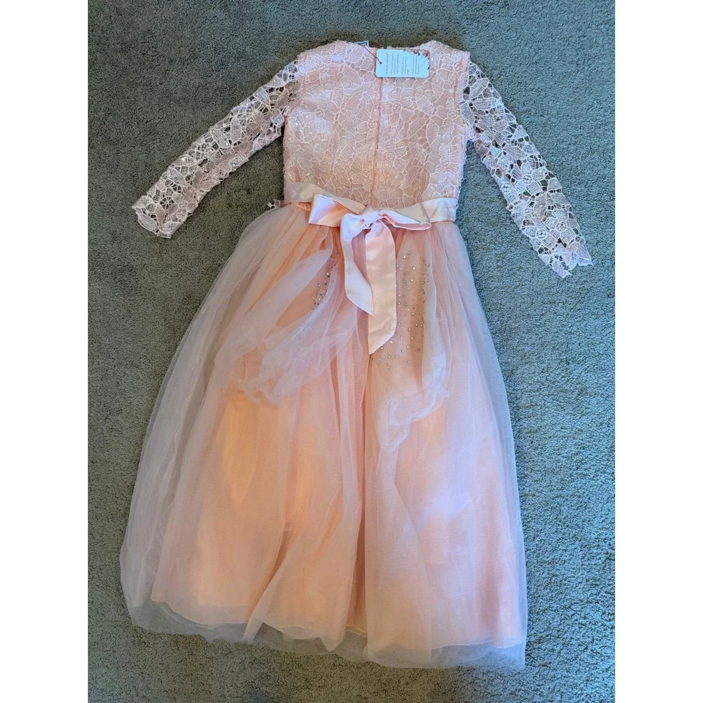 Ibtom Castle Girls Peach Pink Lace Tulle Sequin Flower‎ Girl Pageant Dress 130